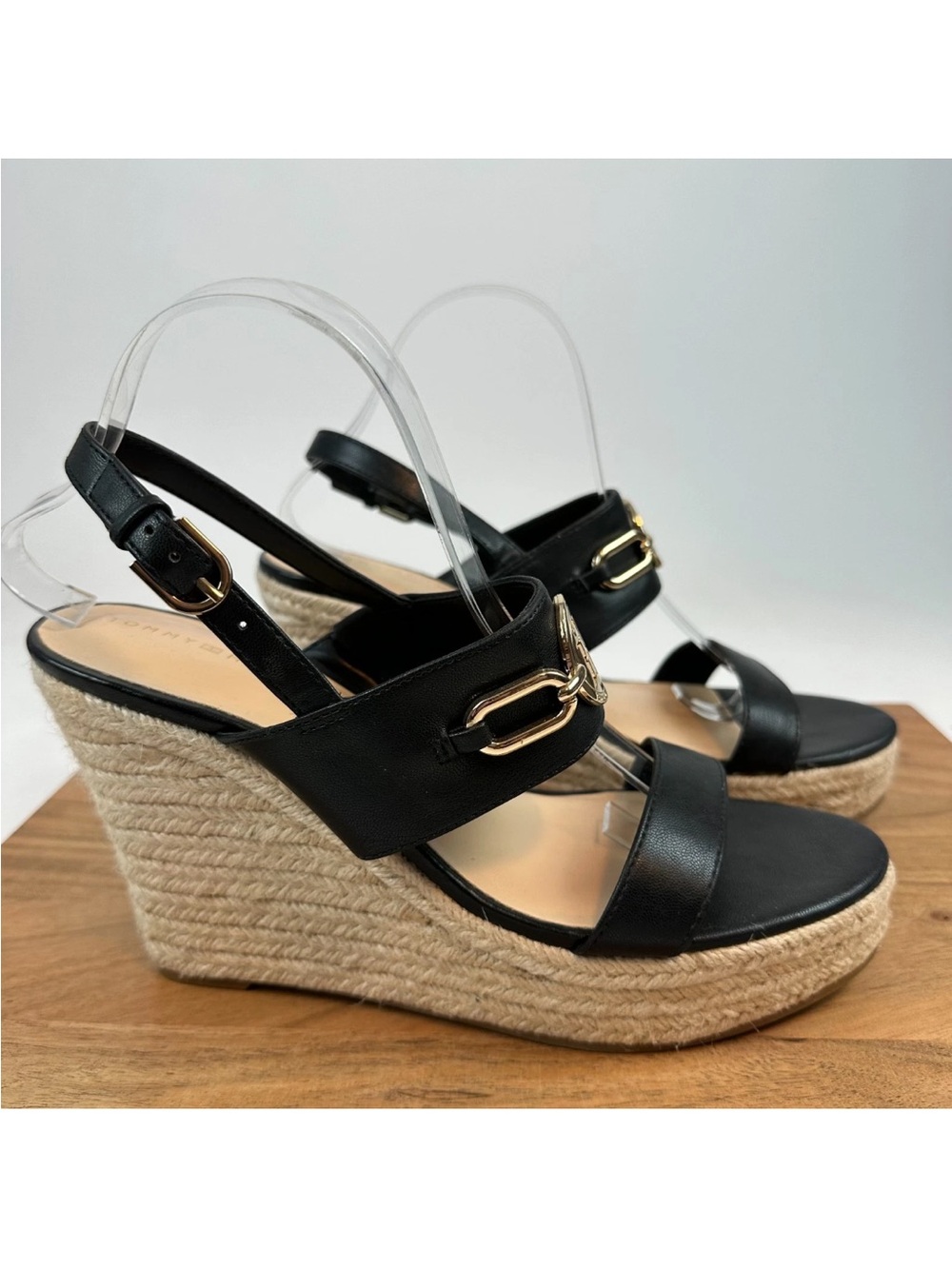 Tommy Hilfiger Khari Black Leather Wedge Heeled Sandals Size 10